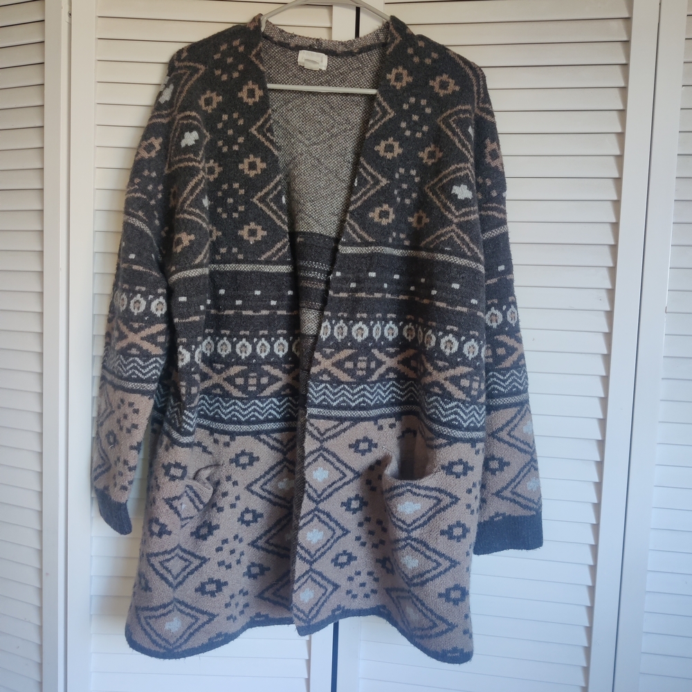 Caslon Jacquard Organic Cotton Blend Cardigan Sweater Aztec Wool Women's Size XL